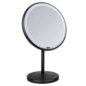 Schwarzer Wenko LED Stand-Kosmetikspiegel Onno mit runder Spiegelfläche und Beleuchtung.
