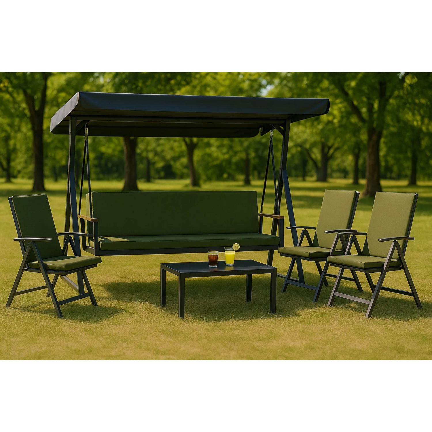Grünes Kissen-Set für Hollywoodschaukel, 130x50x7cm, mit Stühlen und Tisch im Garten.