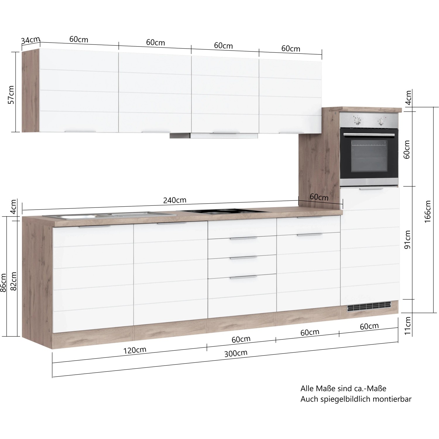 Küchenzeile Held Möbel, 300 cm, Weiß-Wotaneiche, ohne Geräte. Einbauküche mit Hänge- und Unterschränken.