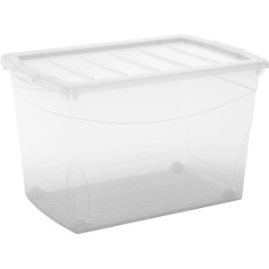 Transparente Aufbewahrungsbox Home XL mit Deckel und 4 Rollen für einfache Lagerung.