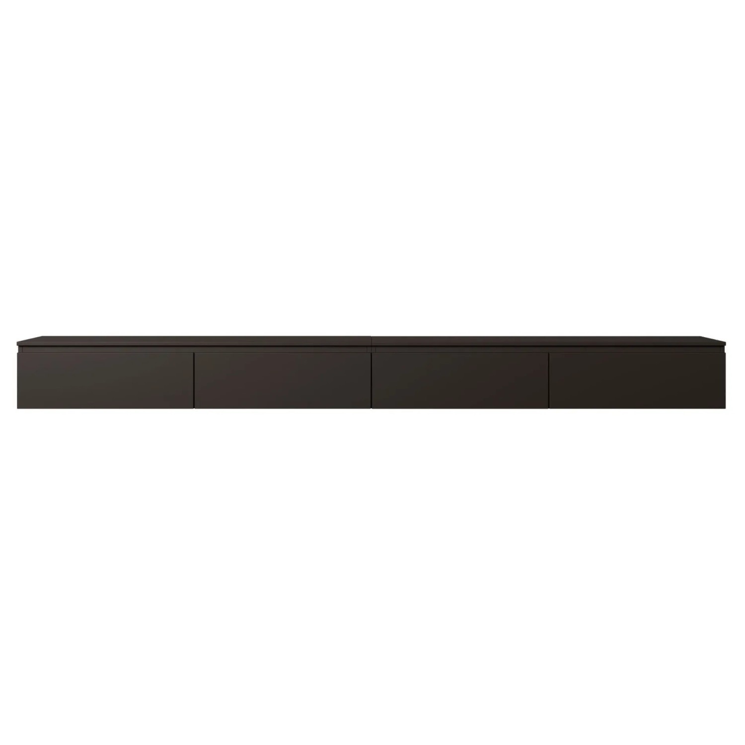 Schwarzes Selsey TV-Hängeboard Bemmi 300 cm mit matter Oberfläche und vier Klappen. Modernes, minimalistisches Design für TV-Schränke.