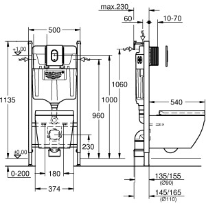 Technische Zeichnung Grohe QuickFix WC-Set 5in1 Solido Compact mit Maßen für Installation.