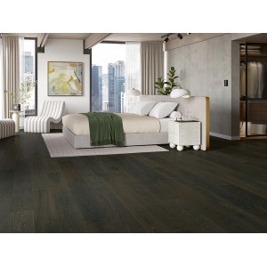 Verlegtes, dunkles Parador Parkett Classic 3060 Natur Eiche Pinot Schwarz Matt in modernem Schlafzimmer.