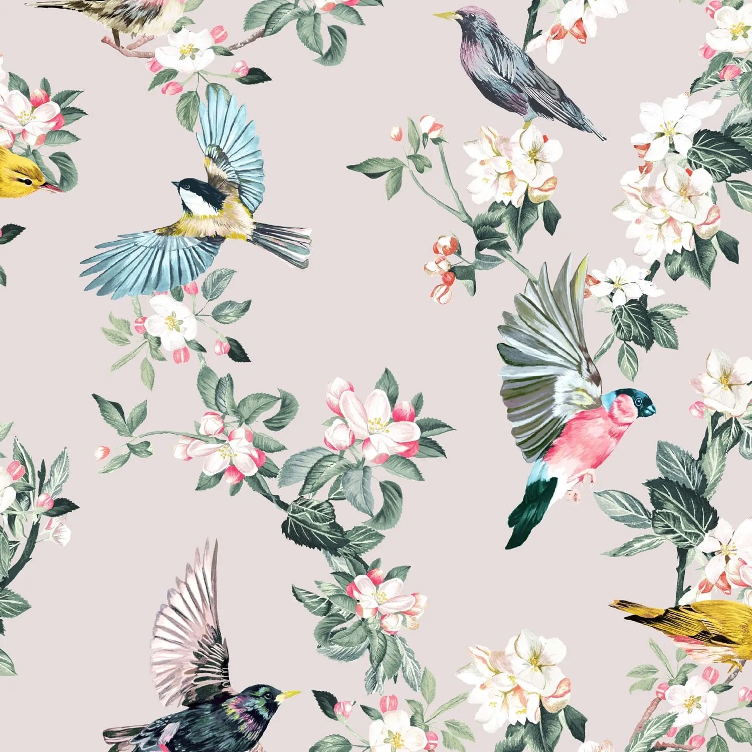 Joules Vliestapete Handford Garden Birds mit Vogel- und Blütenmuster auf Creme-Hintergrund.