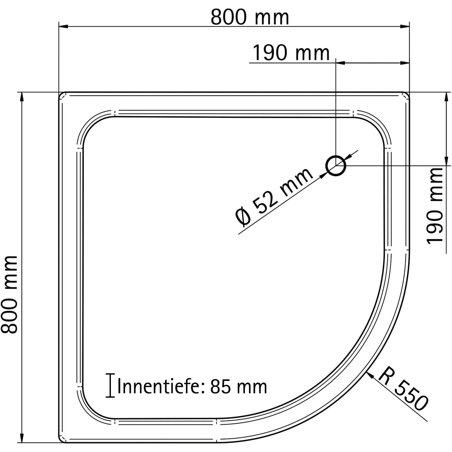 Technische Zeichnung der Schulte ExpressPlus Runddusche AlexaStyle2.0 inkl. Duschwanne 80x80cm mit Maßen.