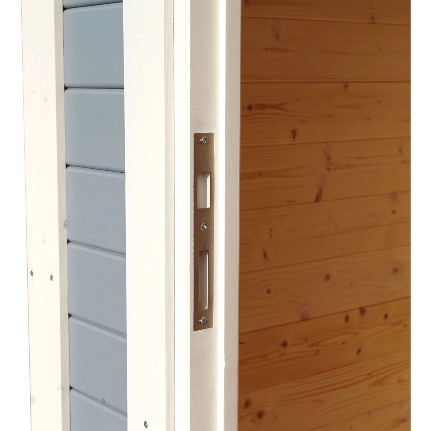 Detailaufnahme: Türgriff des Bertilo Gartenhaus Pentus 1 Natur, unbehandeltes Holz.