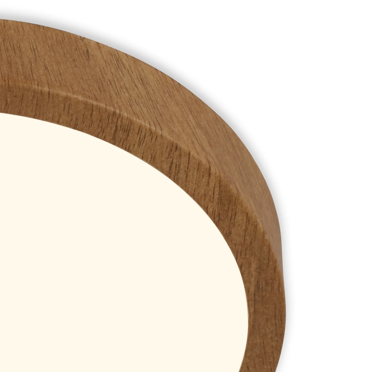 Detailaufnahme: Runde Brilo Aufbauleuchte Runa Wood, Holzfarben, warmweißes Licht.