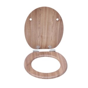 Sinobath WC-Sitz mit Absenk-Automatik, helle Eichenholzmaserung, oval, offen, mit Metallscharnieren.