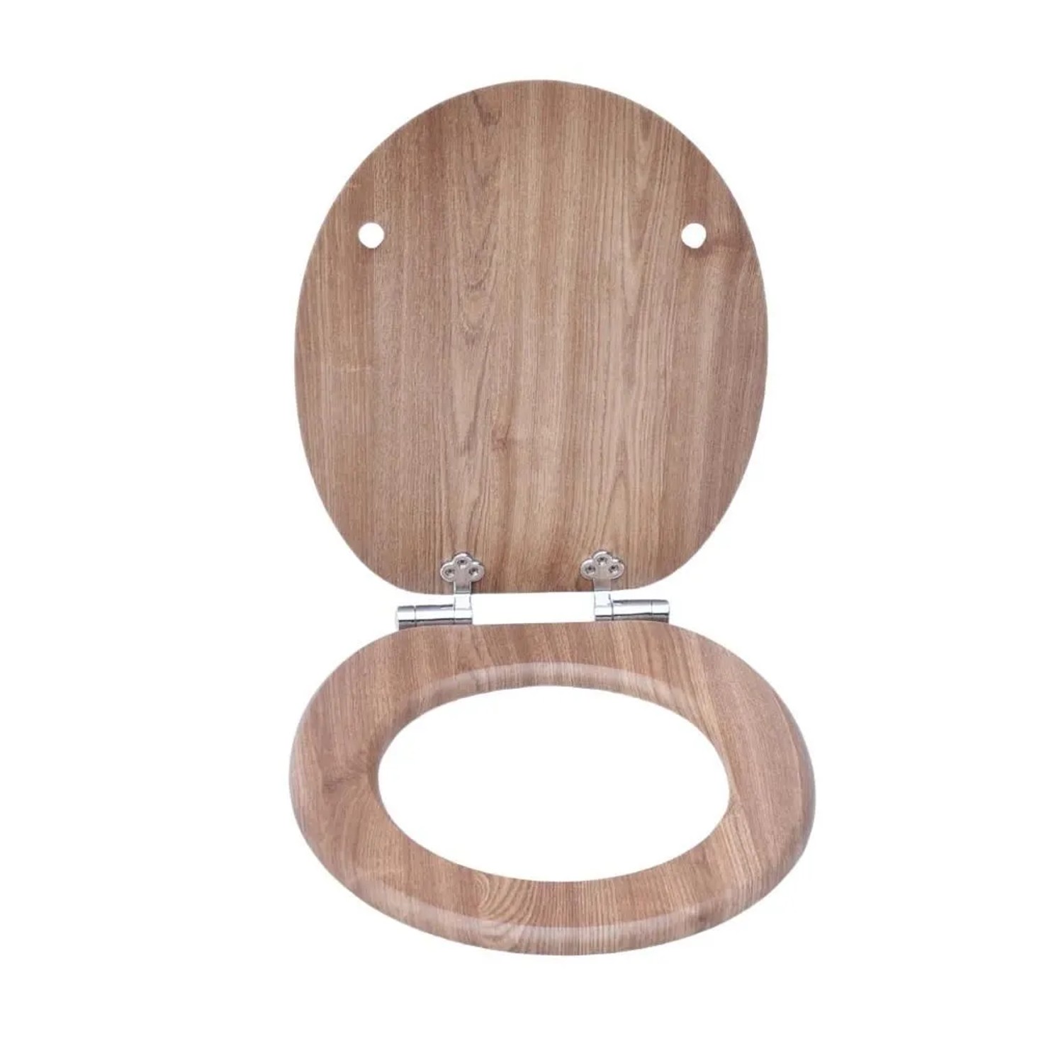Sinobath WC-Sitz mit Absenk-Automatik, helle Eichenholzmaserung, oval, offen, mit Metallscharnieren.