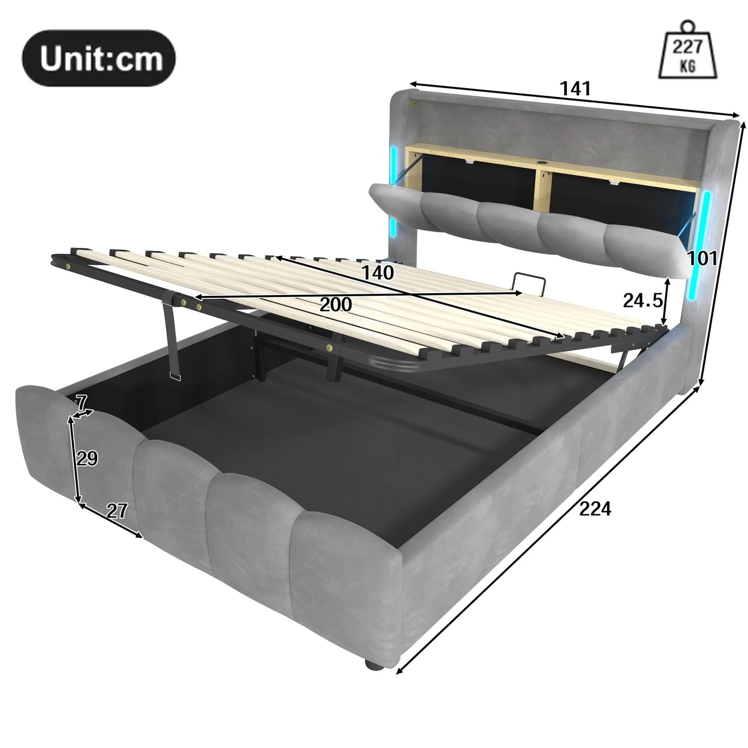 okwish Polsterbett 140x200cm mit LED Beleuchtung Schlafzimmer Grau ohne Matratze_5