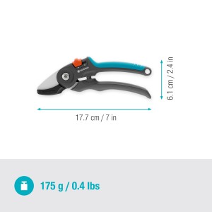 Gardena PremiumCut Amboss Gartenschere für trockenes Holz, blau-grau, 20mm Schnittdurchmesser.