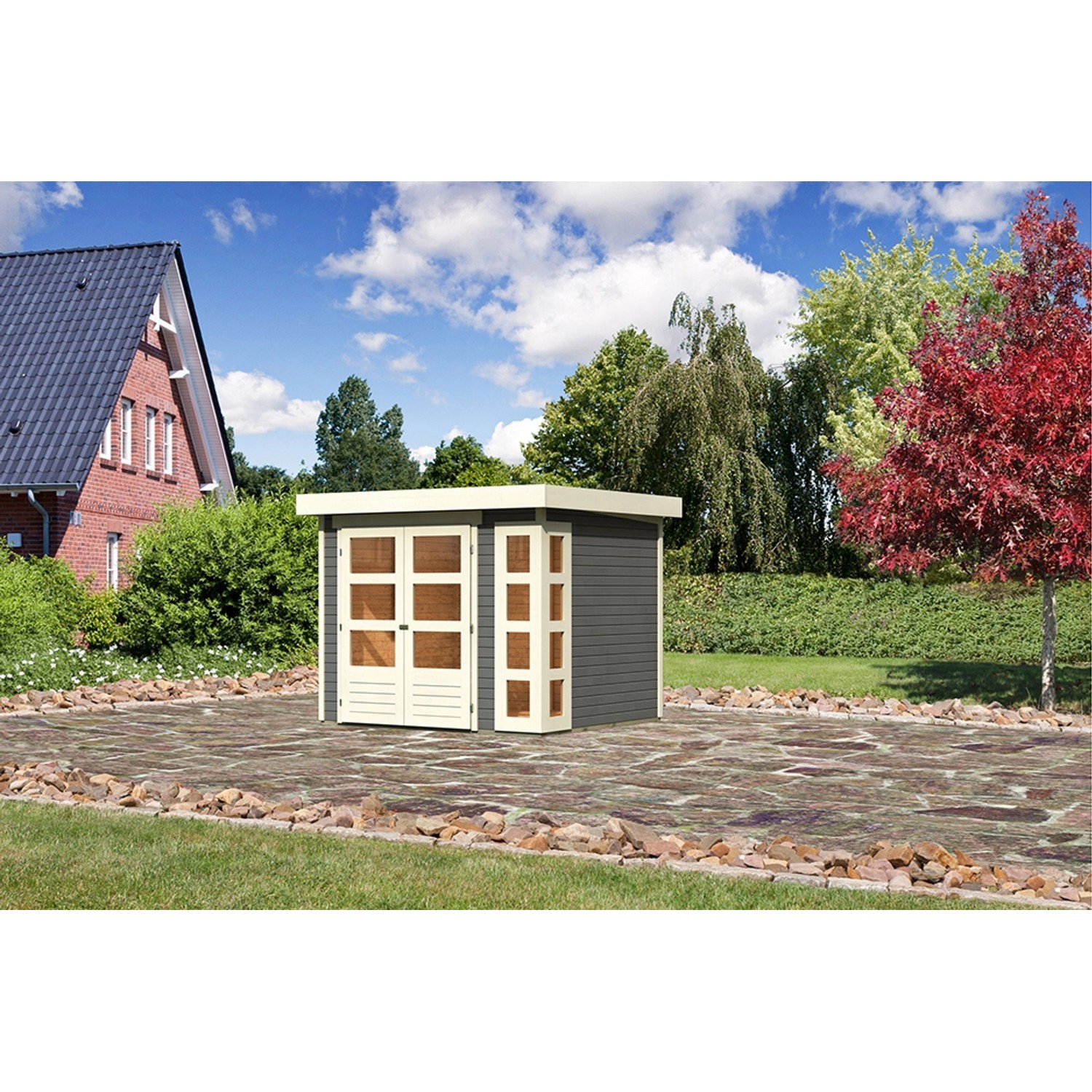 Terragraues Karibu Holz-Gartenhaus Sölve mit Flachdach und Doppeltür, lackiert, 238x213 cm.
