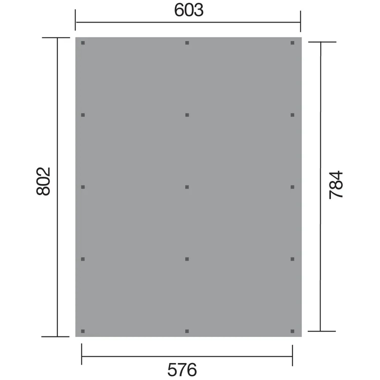 Draufsicht Weka Doppelcarport mit Maßen: 603x802 cm (oben) und 576x784 cm (unten).