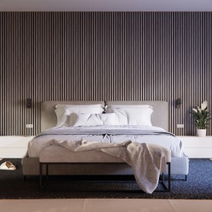 Schlafzimmer mit Akustikpaneel Wandverkleidung Eiche Grau auf Schwarz, 240 cm, FSC®-zertifiziert.