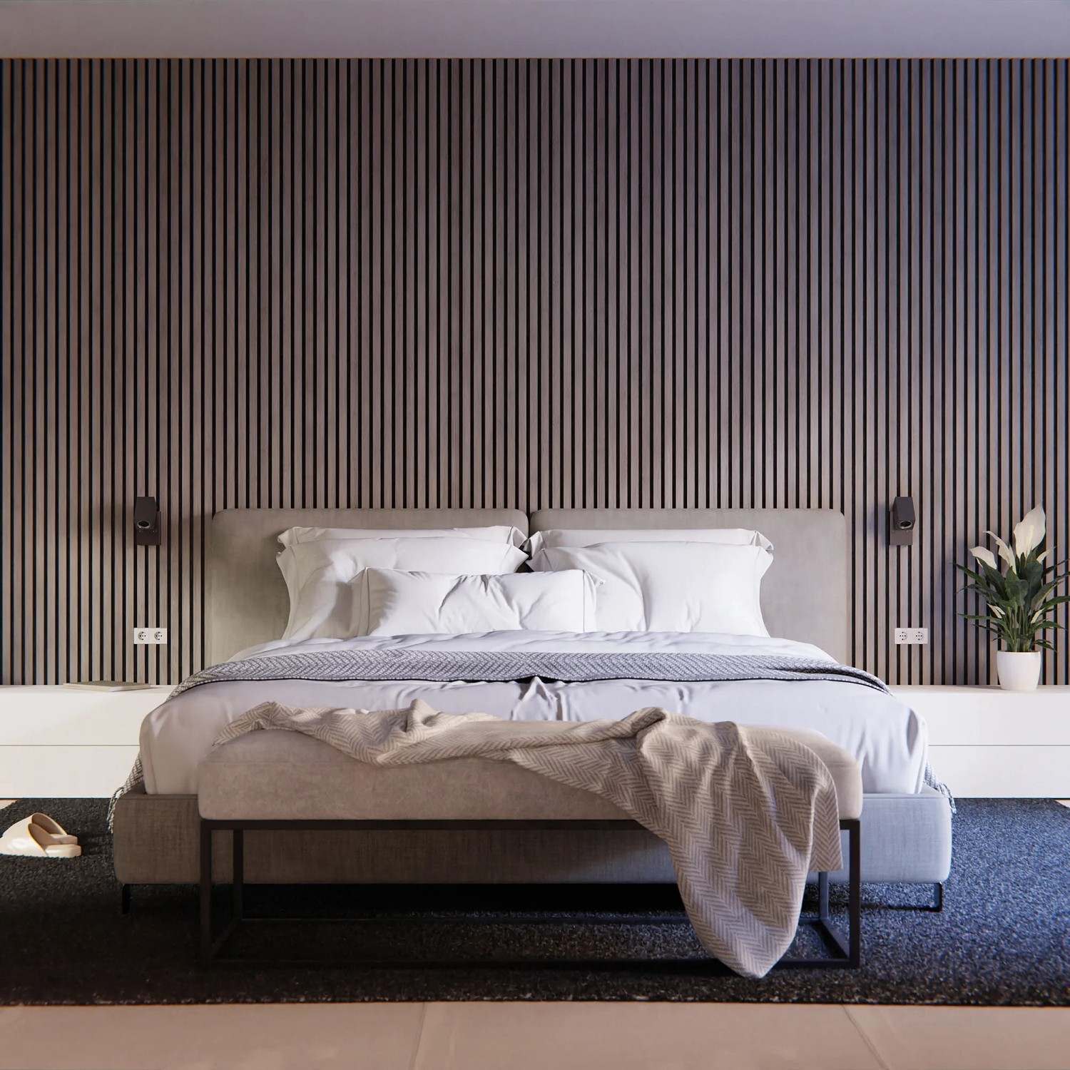 Schlafzimmer mit Akustikpaneel Wandverkleidung Eiche Grau auf Schwarz, 240 cm, FSC®-zertifiziert.