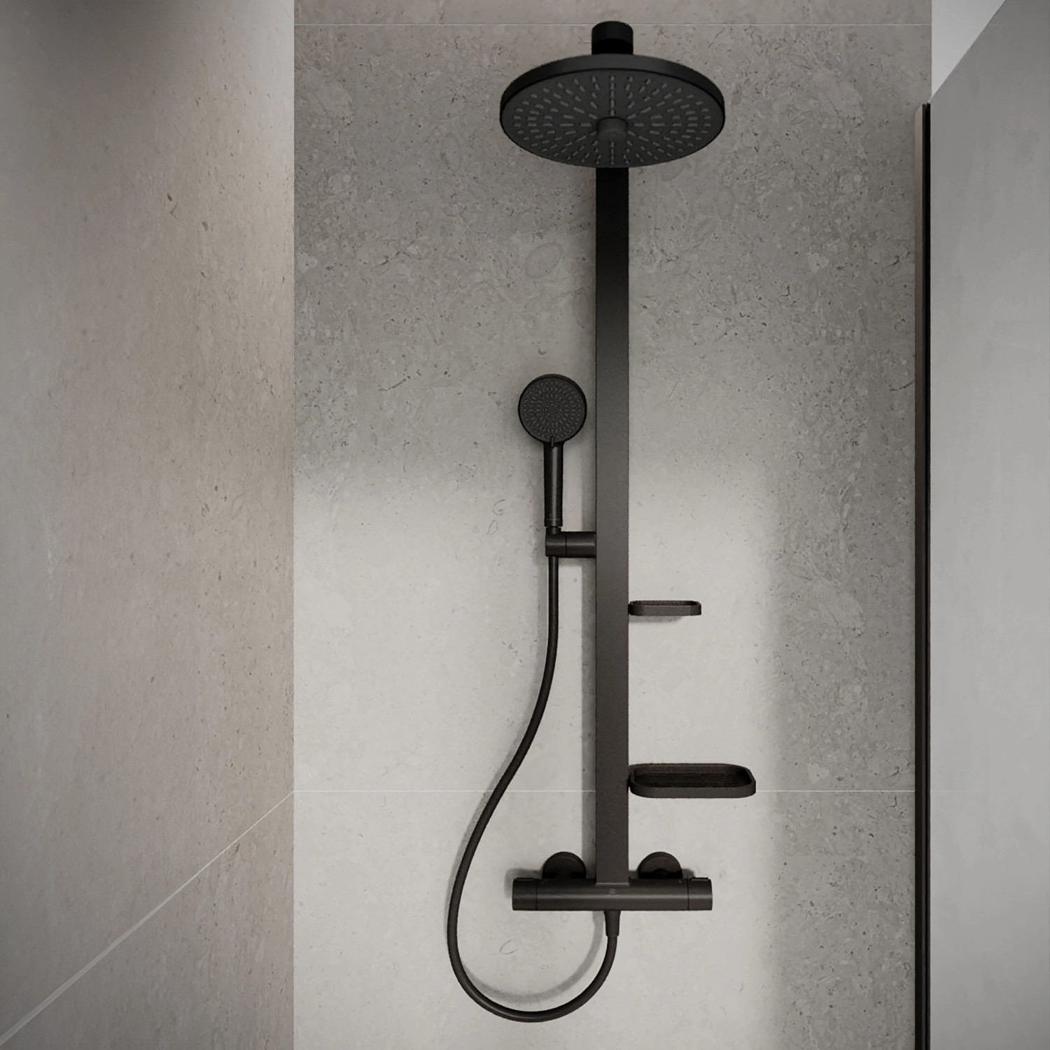 Ideal Standard Brausegarnitur Thermostat, Regen- und Handbrause, Schwarz Matt. Duschpaneel mit Ablagen.