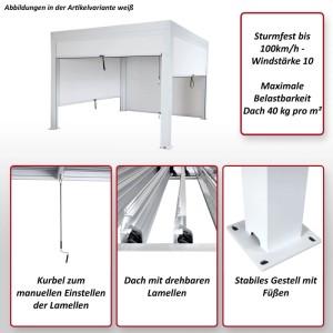 Anthrazit Pergola mit Seitenwand, 3x3m, Aluminiumgestell und Lamellendach.