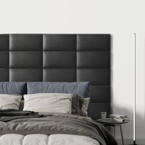 Wandkissen Rechteck, 60x30 cm, Dunkelgrau in Leder-Optik als Wandpaneel hinter einem Bett.