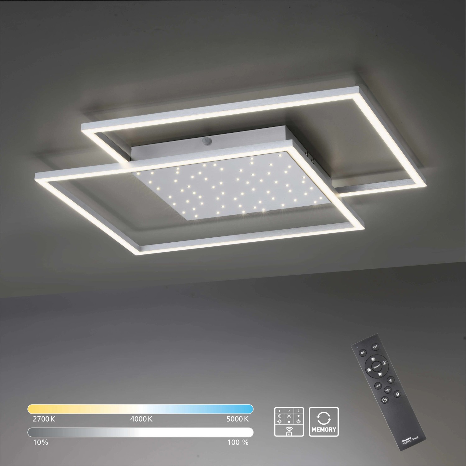 Moderne LED-Deckenleuchte Yuki in Stahlfarben mit Sternenhimmel und Fernbedienung.