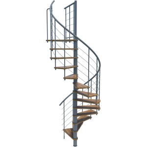 Spindeltreppe Venezia Smart, Eiche Grau, mit Metallgeländer. Wendeltreppe für Innenräume.