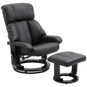 Schwarzer HOMCOM Massagesessel mit Liegefunktion und passendem Hocker. Weich gepolsterter Relaxsessel mit verstellbarer Rückenlehne.