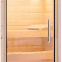 Karibu Sauna Gunda mit Glastür, Innenansicht mit Bänken und Lampe.