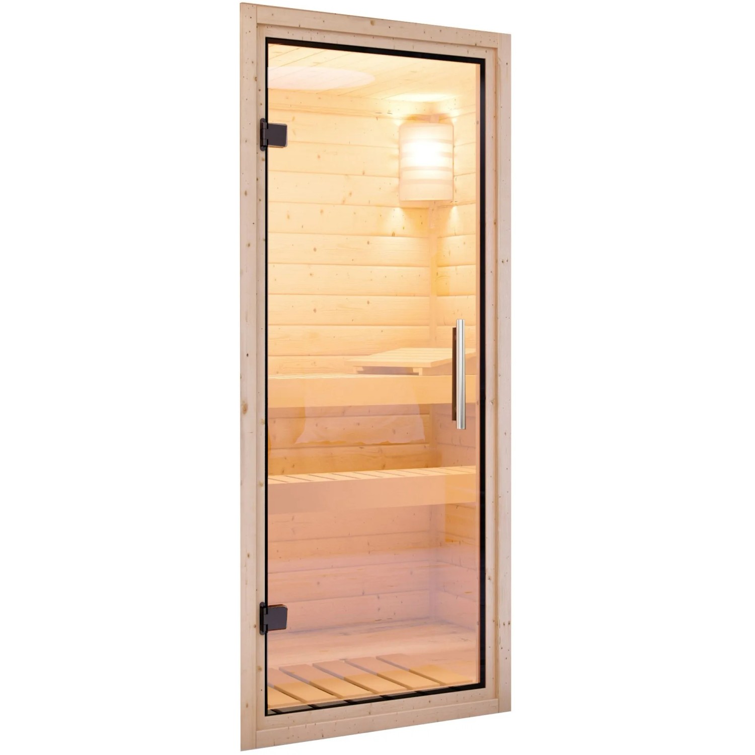 Karibu Sauna Gunda mit Glastür, Innenansicht mit Bänken und Lampe.