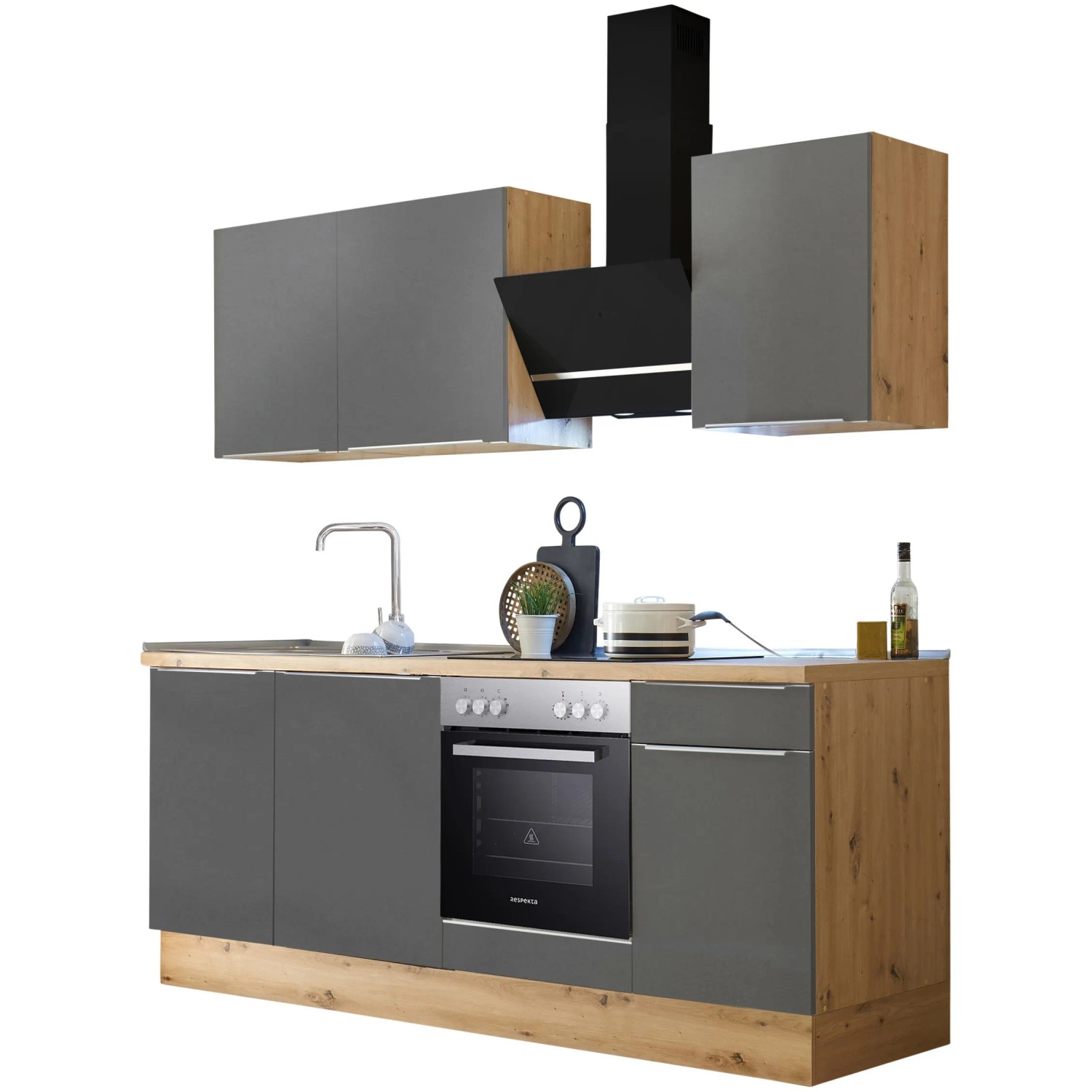 Respekta Küchenzeile Marleen 220 cm in Artisan-Eiche und Grau Matt mit E-Geräten.