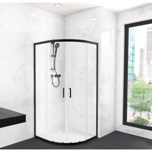 Aurlane Factory Runddusche 90x90 mit schwarzen Rahmen und Schiebetüren im Badezimmer.