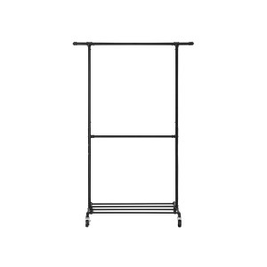 Schwarze Songmics Kleiderstange im Industrie Design mit zwei Stangen und Ablage.