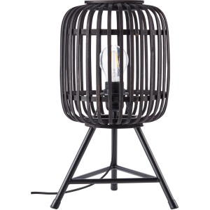 Schwarze Brilliant Tischlampe Woodrow im Design mit Dreibein-Fuß und Rattan-Schirm.
