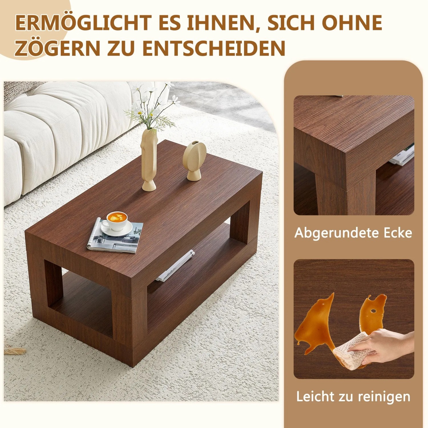 okwish Couchtisch mit MDF Doppelschicht Wohnzimmer Lager Regal 93x53x45cm Walnuss_8
