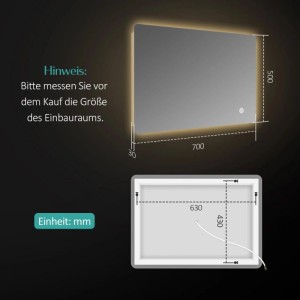 Emke Badspiegel 70x50 cm mit LED-Beleuchtung, Touchschalter. Vorder- und Rückansicht mit Installationsmaßen.
