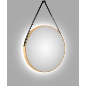 Runder LED-Lichtspiegel Silver Barbier Ø 80 cm mit goldenem Rahmen und Lederband.