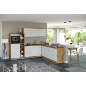 Moderne Winkelküche in Matt Weiß und Wotaneiche, 240-270 cm breit, ohne E-Geräte.