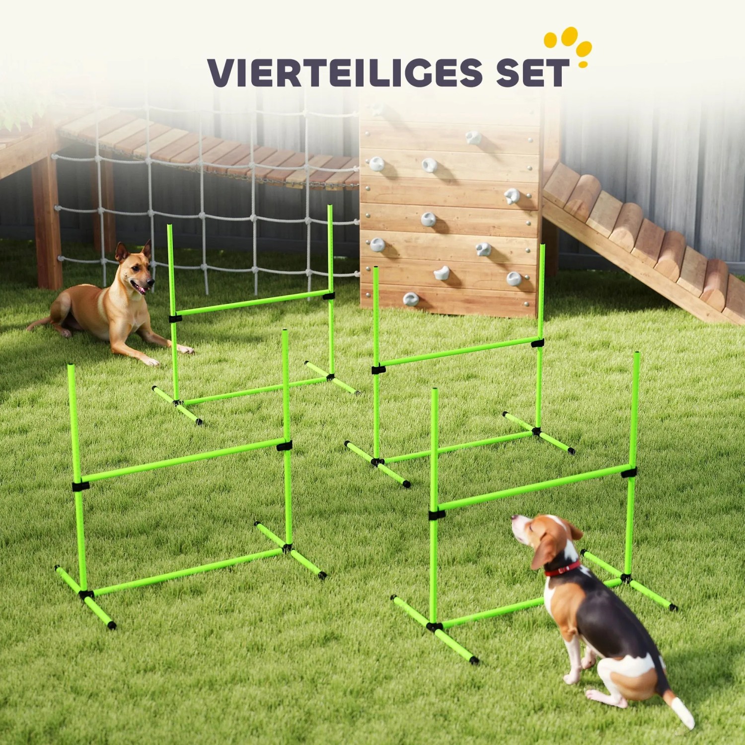 PawHut Agility Set: Vier grüne Kunststoff-Hürden auf Rasen für Hundetraining. Höhenverstellbar, stabil.