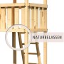 Detailaufnahme: Karibu Spielturm Luis, naturbelassenes Holz, Leiter zum Turm.