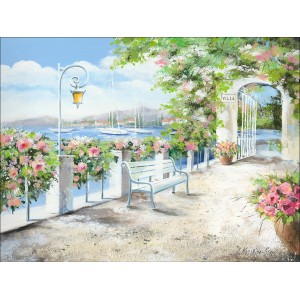 Leinwandbild Basic Anonymus Passagio di Lago, 77x57 cm, mit Bank, Blumen und Blick auf den See.