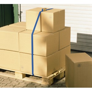 Blauer Zurrgurt mit Ratsche sichert Kartons auf Palette für Transport.