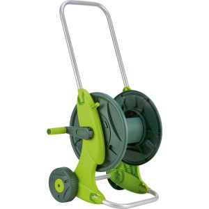 LUX Schlauchwagen aus Kunststoff ohne Schlauch, grün und grau, mit Handkurbel und Rädern.