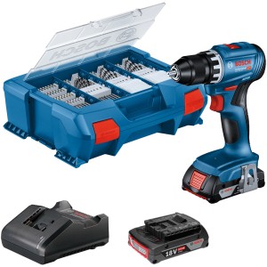 Bosch Professional Akku-Bohrschrauber GSR 18V-45 mit Akkus, Ladegerät und 82-teiligem Zubehör-Set im L-Case.