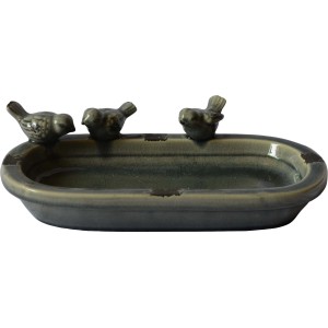 Vogeltränke Oval mit 3 Vogelfiguren 7,5 cm x 29 cm x 16,5 cm Grau
