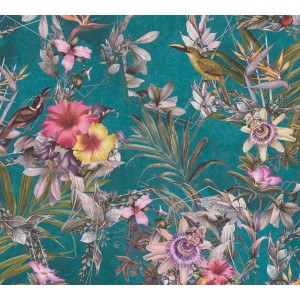 Vliestapete mit Blumenmuster in Blau und Grün. Dekorative Tapete mit floralem Design.