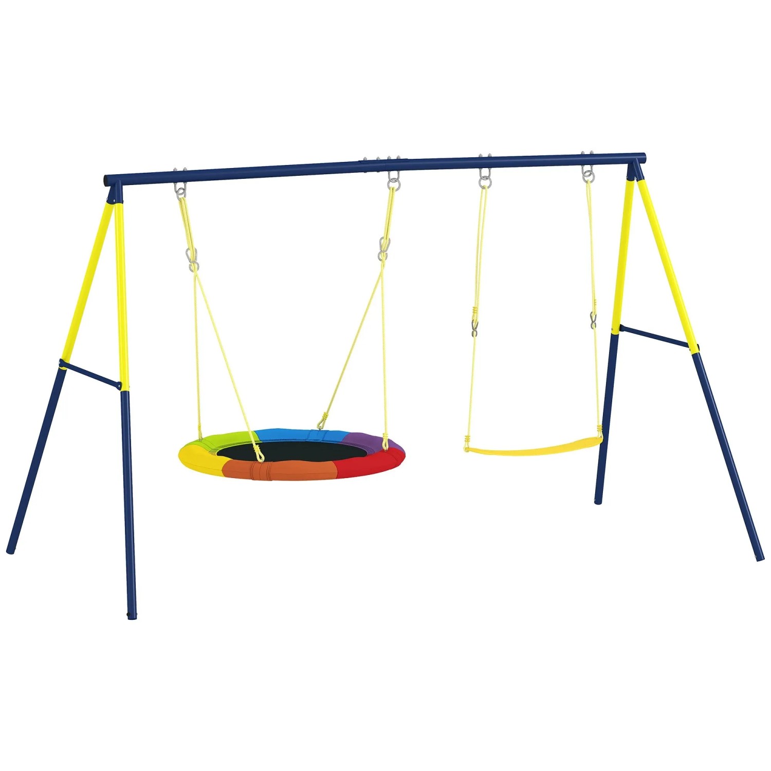 Blau-gelbes Stahl Schaukelgestell mit bunter Nestschaukel und gelber Gurtschaukel für Kinder im Garten.
