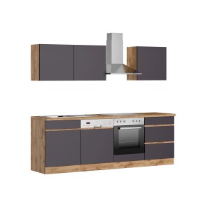 Held Möbel Küchenzeile Turin 240 cm in Graphit-Wotaneiche mit E-Geräten wie Herd, Kochfeld und Dunstabzugshaube.