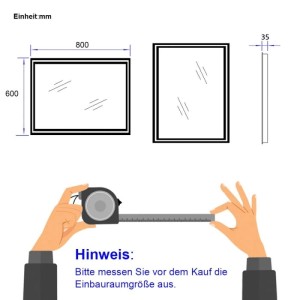 Technische Zeichnung des Emke LED Badspiegels 80x60 cm mit Maßen und Hinweis zum Ausmessen.