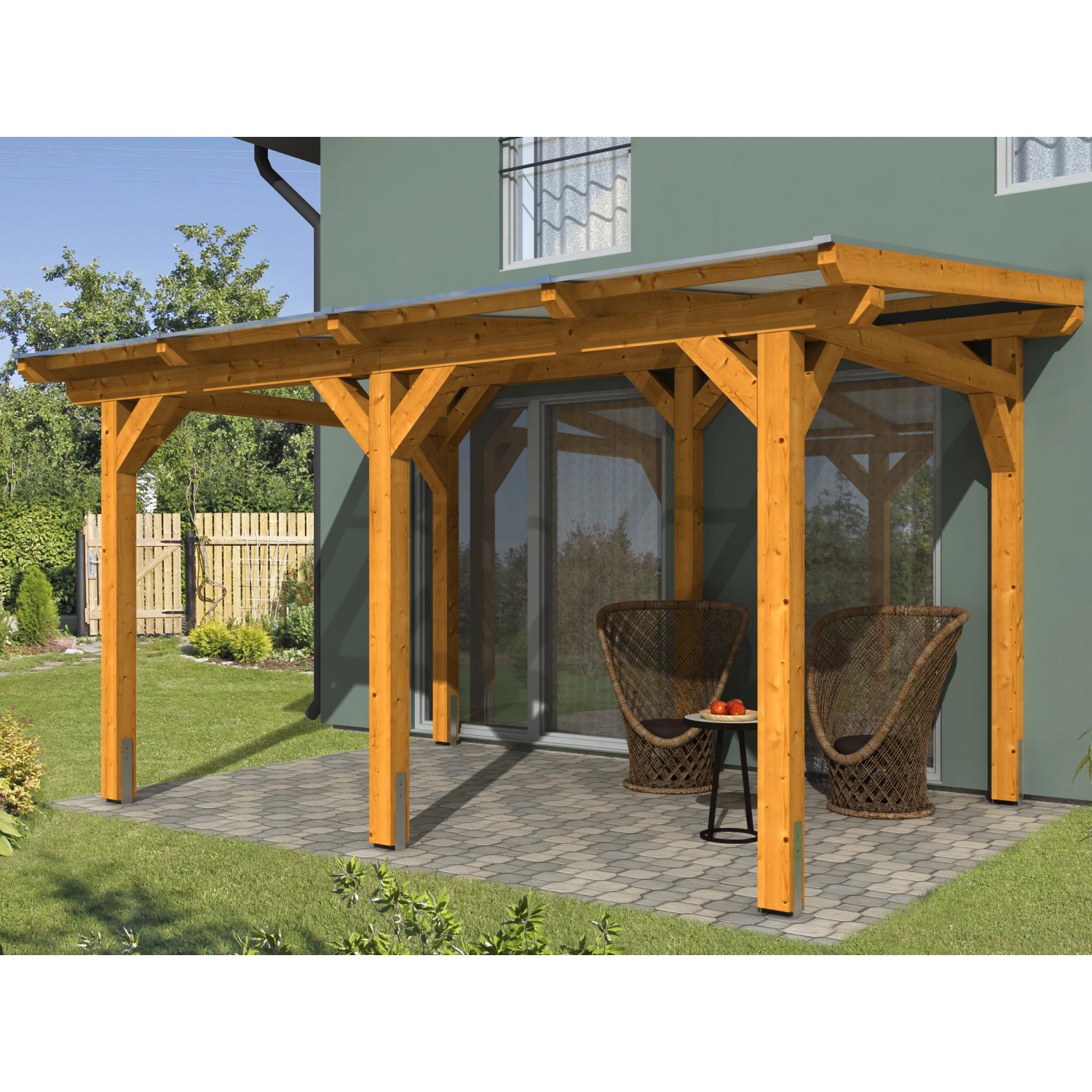 Freistehende Skan Holz Terrassenüberdachung Siena aus Leimholz in Eiche hell mit klarer Dacheindeckung.