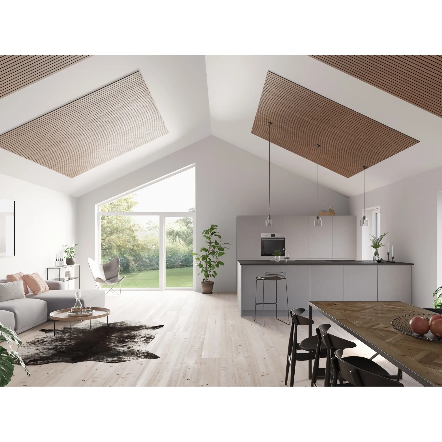 Wohnraum mit Akustikpaneelen Lux Walnuss an der Decke für Schallabsorption.