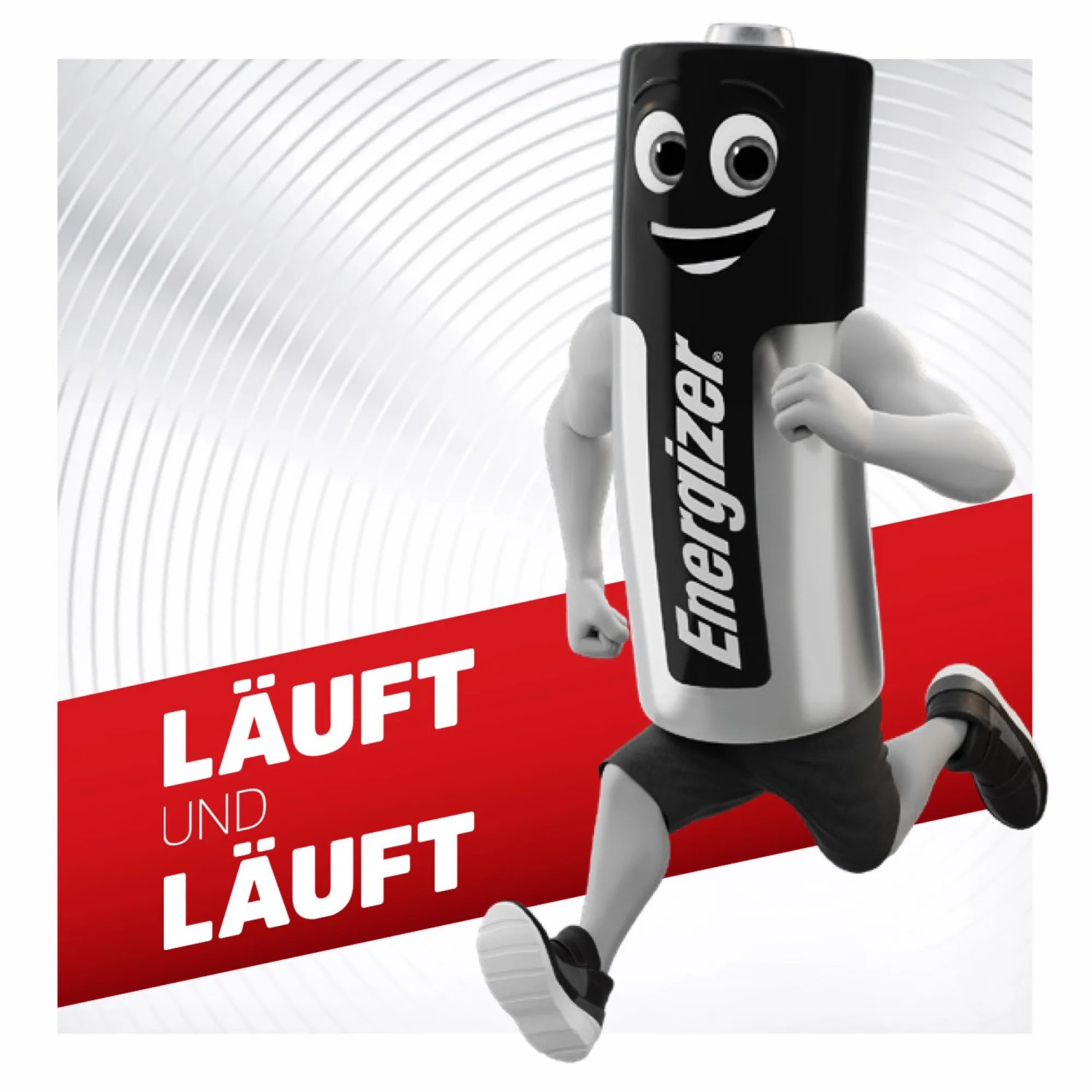 Energizer AA Batterie als Comicfigur beim Laufen, langlebige Alkaline Batterien.