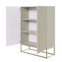 Selsey Highboard Veldio greige mit goldenen Beinen, offene Tür zeigt drei Fächer, Lamellenfront.